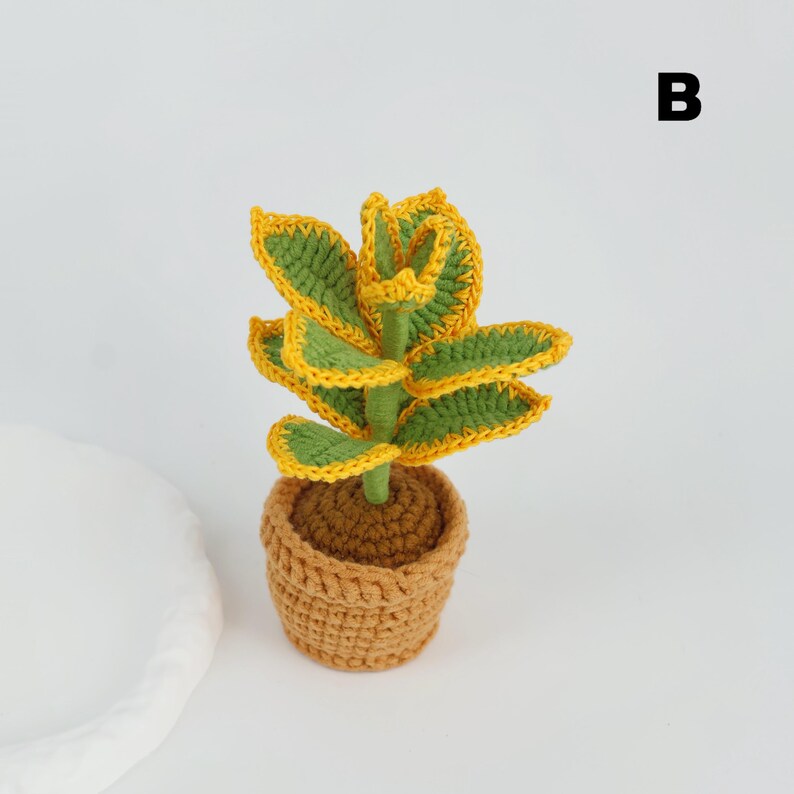 May include: A handmade crochet plant in a small brown pot. The plant features green leaves with yellow edges and a green stem. The pot is also crocheted in a textured brown yarn. The letter "B" is in the upper right corner.