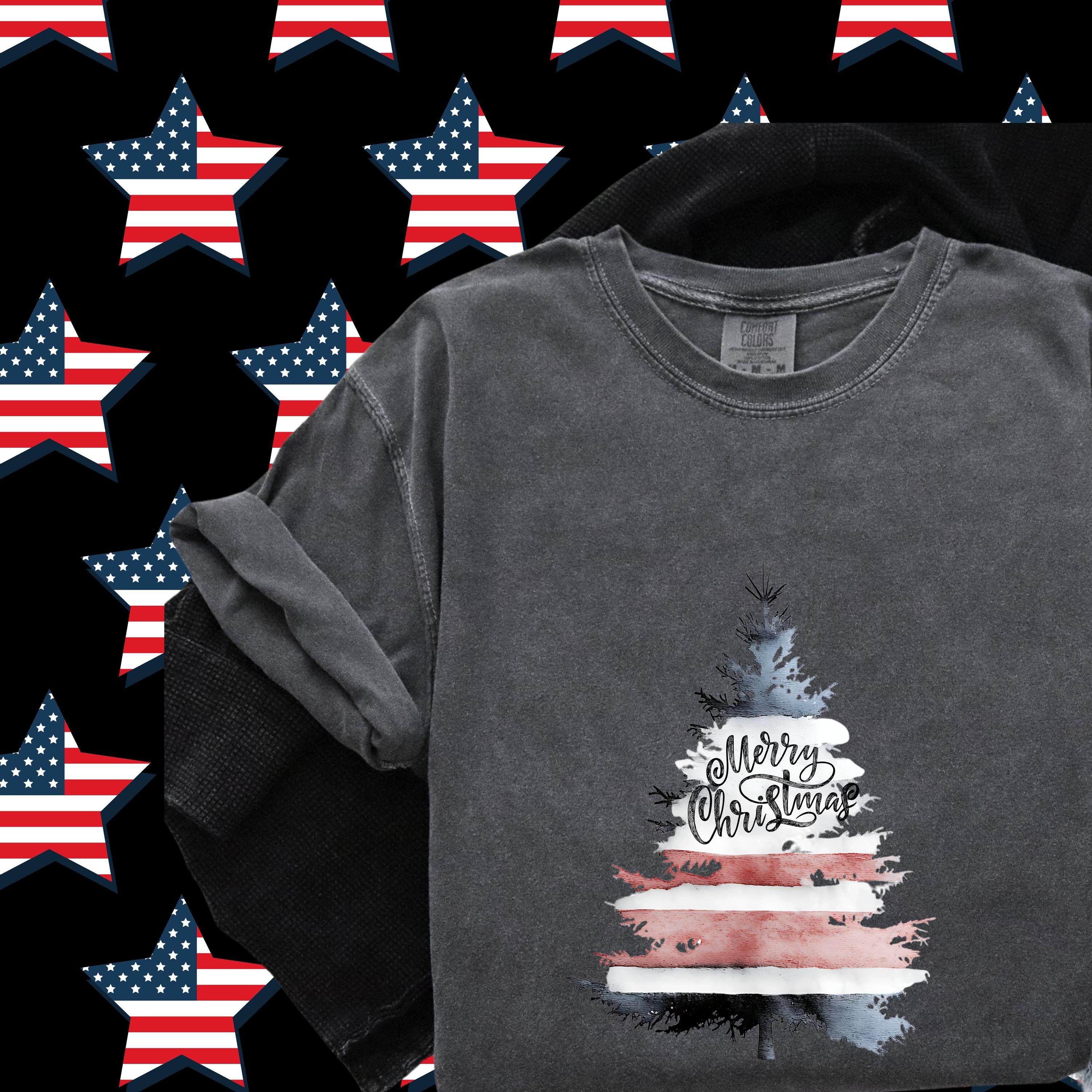 USA Patriotic Merry Christmas Tree Shirt | Unisex Holiday Tee with Flag Design