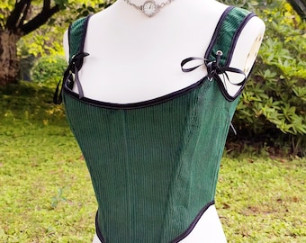 Overbust Green Corduroy Corset, Forest Fairy Renaissance Corset Top, Lacing Corset with Modesty Panel, Cottagecore Bodice, Ren Faire Stays