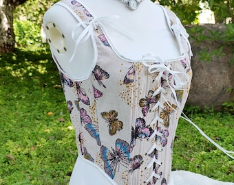 Colorful Butterfly Corset Top, Renaissance Corset Bodice, Linen Overbust Lacing Corset, Custom Plus Size Corset, Victorian Corset Top