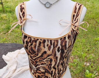 Vintage Leopard Corset Top, 18th Century Renaissance Corset, Custom Overbust Corset Top, Back Lacing Corset Bodice, Ren Faire Corset Vest