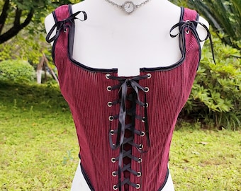 Burgundy Corduroy Corset, Striped Corduroy Corset Top, Women Custom Size Overbust Corset, Renaissance Corset Top, Ren Faire Cosplay Stays