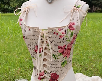 Pink Rose Linen Corset, Renaissance Corset Top, Cottagecore Princess Corset Bodice, Fairy Lacing Overbust Corset, Victorian Corset