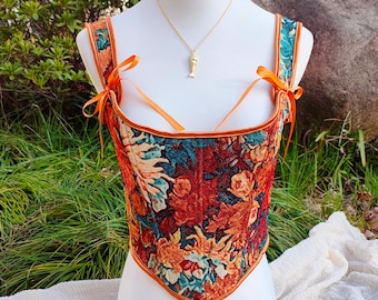 Vintage Oil Painting Sunflower Corset Top, Orange Renaissance Floral Corset, Back Lacing Overbust Crop Bustier, Renaissance Festival Outfit