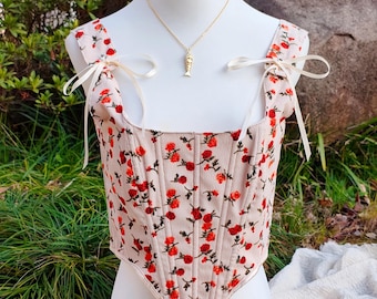 Corduroy Flower Corset, Cottagecore Floral Corset Top, Renaissance Corset Top, Back Lacing Crop Bustier, Ren Faire Inspired Boho Corset