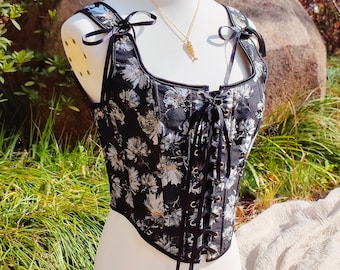 Black Floral Corset Top, Renaissance Fairy Core Top, Medieval Corset Bustier, Overbust Lace-Up Crop Top, Y2K Cottagecore Costume Top