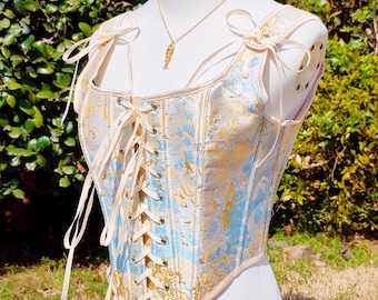 Fairycore Renaissance Corset Top, Vintage Blue Gold Floral Brocade Corset Top, Lace-Up Overbust Bustier, Milkmaid Tight Corset Outfit