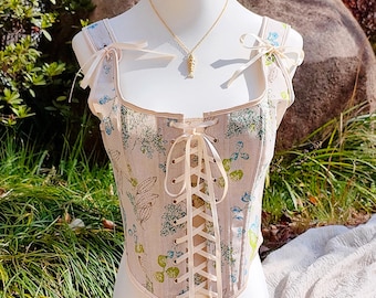 Botanical Linen Corset Top, Custom Size Renaissance Corset, Lightweight Breathable Linen Top, Adjustable Lacing Corset with Modesty Panel