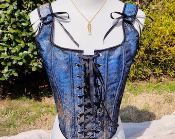 Blue Gold Corset Top, Renaissance Overbust Bustier, Cottagecore Oil Painting Corset, Fairycore Lace-Up Crop Top, Cottagecore Costume Top