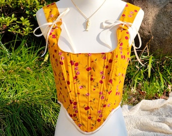 Yellow Floral Corduroy Corset, Cottagecore Renaissance Corset Top, Overbust Lace Up Back, Renaissance Festival Outfit, Retro Floral Bodice