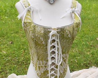 Green Grass Renaissance Corset, Linen Corset Top, Custom Plus Size Bodice, Adjustable Lacing Corset with Modesty Panel, Linen Flower Top