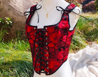 Red & Black Floral Corset Top, Vintage Inspired Gothic Bustier with Lace Up, Renaissance Corset Top, Witchy Corset, Dark Academia Outfits