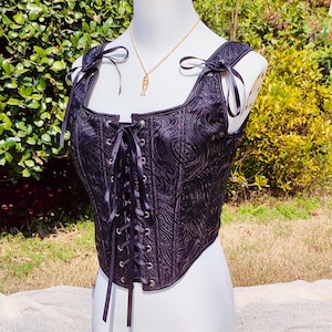 Gothic Black Corset Top, Shimmering Ripples Pattern Bustier, Renaissance Crop Top, Lace-Up Overbust Top, Medieval Steampunk Festival Outfit