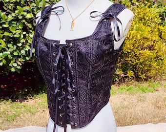 Gothic Black Corset Top, Shimmering Ripples Pattern Bustier, Renaissance Crop Top, Lace-Up Overbust Top, Medieval Steampunk Festival Outfit