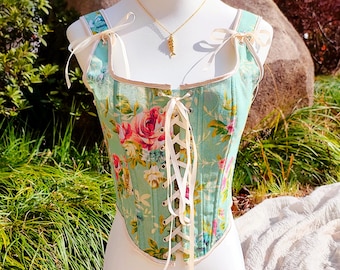 Floral Linen Corset Top, Summer Fairycore Corset Top, Custom Large Size Corset, Lightweight Linen Top, Green Cottagecore Bustier Outfit