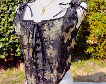 Black Gold Butterfly Corset Top, Vintage Renaissance Corset Bustier, Gothic Cottagecore Vest, Medieval Steampunk Party Custome