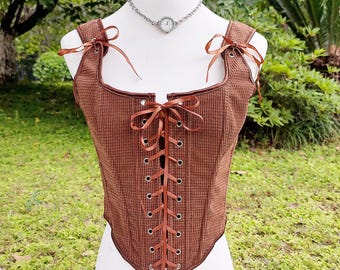 Plaid Corduroy Corset, Vintage Brown Corset Top, Renaissance Corset Bodice, Corset with Modesty Panel, Ren Faire Lacing Cosplay Stays