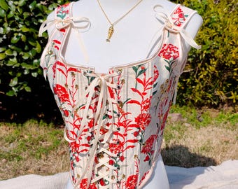 Red Dandelion Corset Top, Renaissance Bustier, Cottagecore Lace-Up Overbust Corset, Fairycore Bridal Crop Top, Embroidered Floral Top