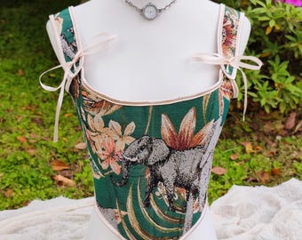 Renaissance Corset Top, Elephant Print Corset Top, Custom Upper Bust Corset, Back Lacing Corset Bodice, Fairy CottageCore Corset Top