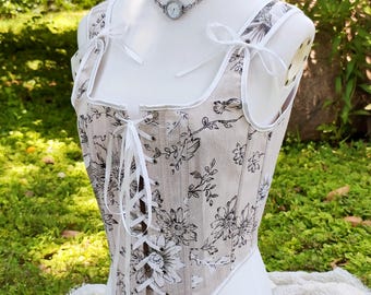 Vintage Linen Corset, Custom Renaissance Linen Corset Top Bodice, Adjustable Lacing Corset with Modesty Panel, Linen Flower Top
