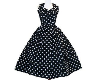 Custom in your size Polkadot Rockabilly Dress Vintage Inspired Halter neck line and full swing Skirt