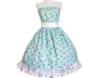 Iced Blue Cherry Dress Custom made in YOUR size with Bow tie sash