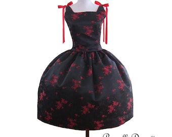 Mad men Rockabilly Retro BallGown teaparty Satin brocade black red floral Dress Swing ballgown ribbons
