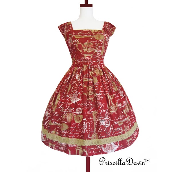 Little golden teapot teaparty dress in red size small one of a kind handmade