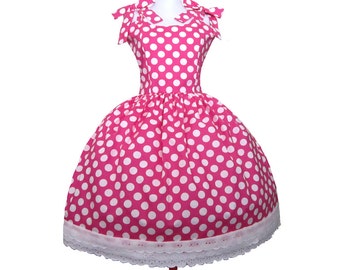 Minnie Pink Dot Polkadot Rockabilly Dress Dots Prom Mad Men Inspired Pin up Bow White dots on Pink