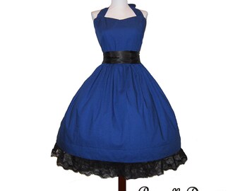 Blue rockabilly Swing Style Dress vintage inspired cotton custom made in your size with straps sash lace