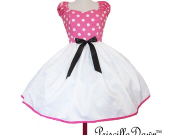 Womens dress minnie mouse doll Polkadot Princess in pink and white with black bow full skirt