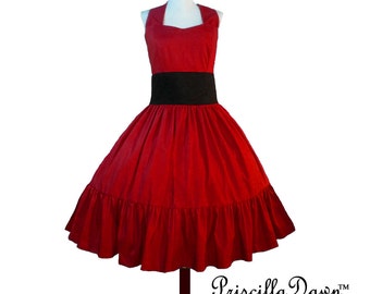 Custom in your size Red Rockabilly Swing Dress womens circle skirt halter dress 1950s style