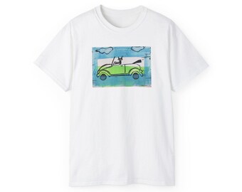Cat in a convertible  medium weight Unisex Ultra Cotton Tee--funny cute cat in a green vw convertible 3 colors volkswagon bug