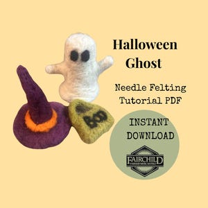 Puede incluir: Arreglo de fieltro con temática de Halloween que presenta un fantasma blanco, un sombrero de bruja morado con borde naranja y una lápida verde con "Boo". La imagen incluye el texto "Halloween Ghost" y "Instant Download".