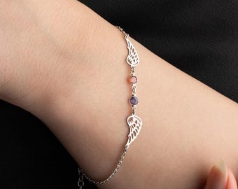 Angel Wings Bracelet Gold with Birthstone Dainty Angel Wing Birthstone Bracelet Guardian Angel Bracelet for Mom Gift for Her