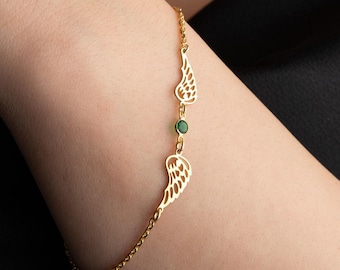 Guardian Angel Bracelet Custom Angel Wings Bracelet with Birthstone Dainty Angel Wing Birthstone Bracelet for Mom
