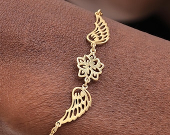 Angel Wings Bracelet Gold with Birthflower Dainty Angel Wing Birth Flower Bracelet Guardian Angel Bracelet Gift for Her