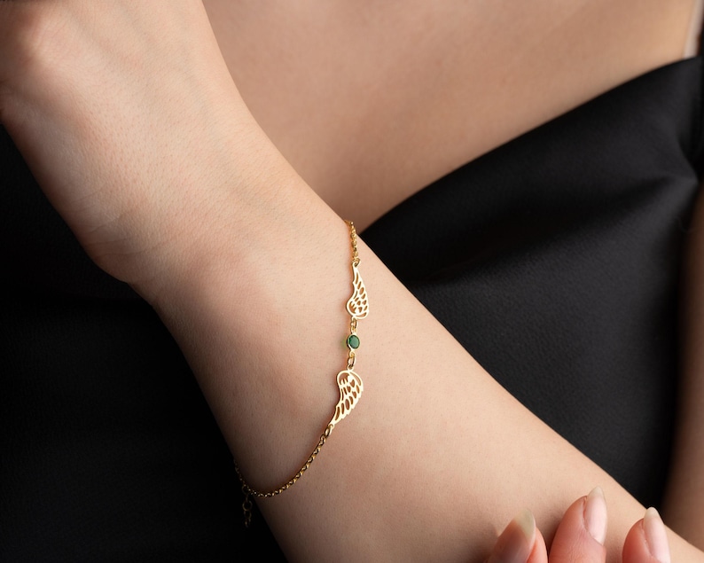 Angel Wings Bracelet Gold with Birthstone Dainty Angel Wing Birthstone Bracelet Guardian Angel Bracelet for Mom Gift for Her Bild 2