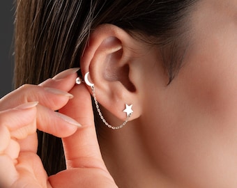 Star and Moon Earrings, Moon Earrings, Star Earrings, Moon Star Earrings, Star Stud Earrings, Moon Stud Earrings, Dangle Chain Earrings