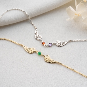 Sterling Silver Guardian Angel Bracelet Custom Angel Wings Bracelet with Birthstone Dainty Angel Wing Birthstone Bracelet for Mom