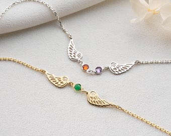 Sterling Silver Guardian Angel Bracelet Custom Angel Wings Bracelet with Birthstone Dainty Angel Wing Birthstone Bracelet for Mom