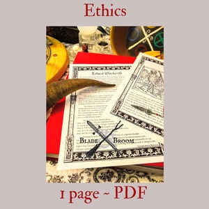 Op de afbeelding: Een eenzijdig PDF-document met de titel "Ethical Witchcraft" met een zwart-witte illustratie van een zwaard, een bezem en de woorden "Blade and Broom". Het document ligt op een rood boek met een houten kom en een hoorn op de achtergrond.