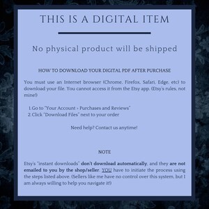 May include: A digital item notice on a light blue background with dark blue floral accents. The text reads "THIS IS A DIGITAL ITEM" and provides instructions on how to download a PDF after purchase. It also states that no physical product will be shipped.