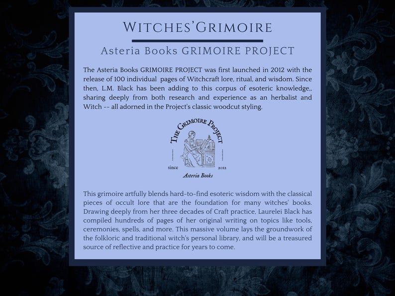 May include: A light blue rectangular graphic with the text "Witches' Grimoire" and "Asteria Books Grimoire Project". The text describes a book of witchcraft lore, ritual, and wisdom.
