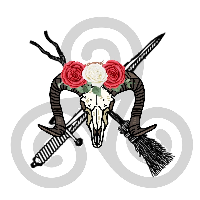 May include: A black and white ram skull with a wreath of red and white roses on top. The skull is crossed with a sword and a broom, all set against a gray triquetra background.