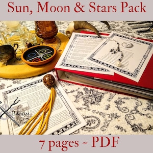 May include: A 7-page PDF guide titled "Sun, Moon & Stars Pack" with a black and white illustration of a sword and broom. The guide includes information on lunar magic and the 13 moons of the year.
