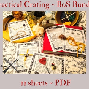 Könnte beinhalten: Eine Sammlung von 11 druckbaren Blättern für ein Buch der Schatten (BoS) mit dem Text "Practical Crating - BoS Bundle" und "11 sheets ~ PDF". Die Blätter beinhalten Titel wie "Witchcraft Cabins", "How to Write a Spell", "Amulets & Talismans" und "Witchcraft Symbols".
