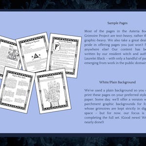 May include: A collection of grimoire pages with black and white illustrations and text. The pages are displayed on a light blue background. Text on the pages includes "Sample Pages" and "White/Plain Background".