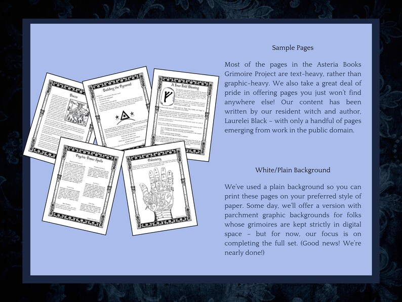 May include: A collection of grimoire pages with black and white illustrations and text. The pages are displayed on a light blue background. Text on the pages includes "Sample Pages" and "White/Plain Background".