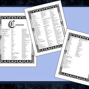 May include: Three white pages with black text and decorative borders. The pages contain lists of words, possibly related to magic or spirituality. The pages are arranged on a light blue background with a dark blue floral border.